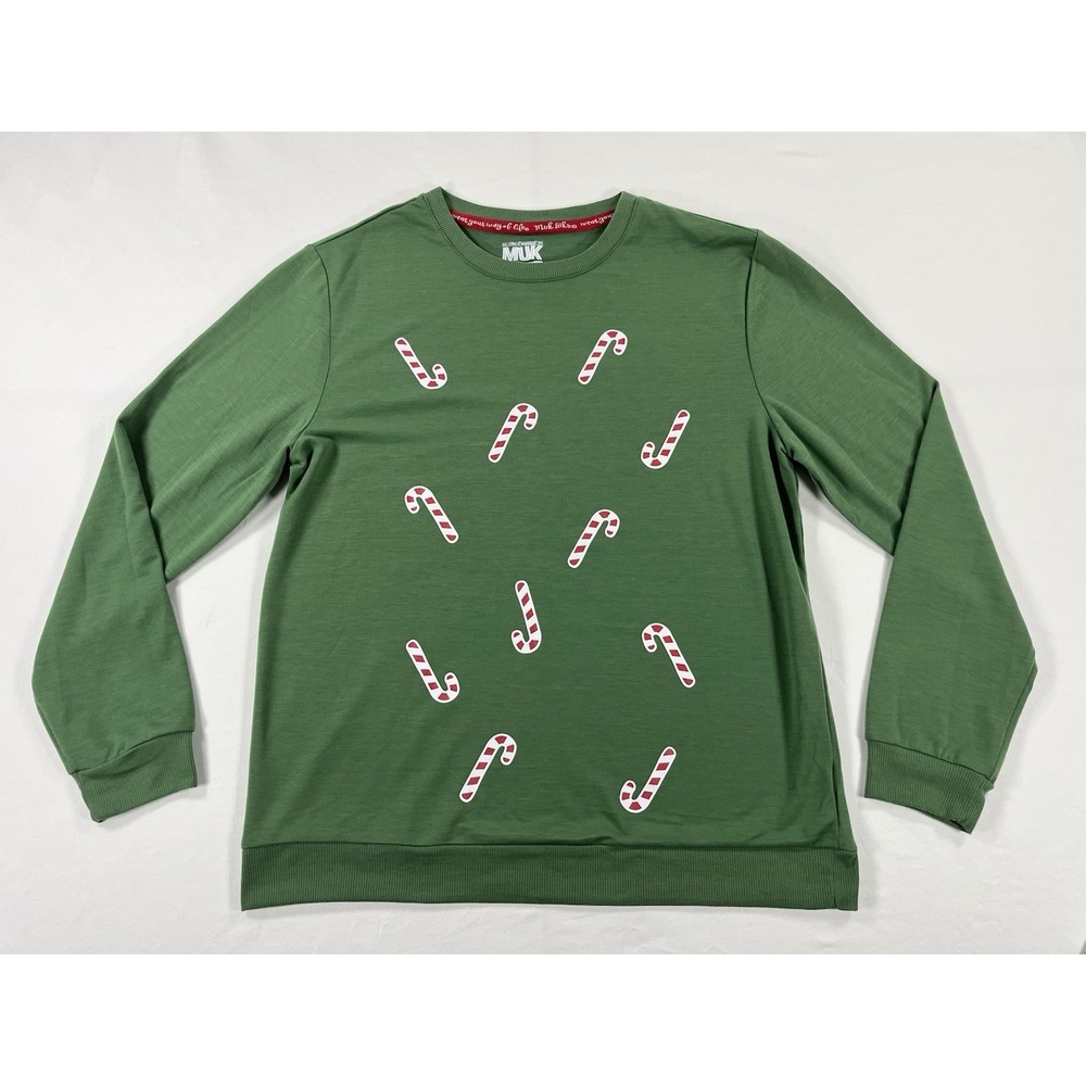 MUK LUKS Christmas Candy Cane Lightweight Cozy Terry Sweatshirt Green Women's M